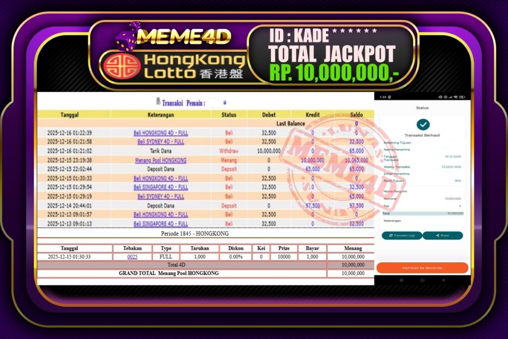 Bukti Jp MEME4D Togel Online 16 Desember 2025
