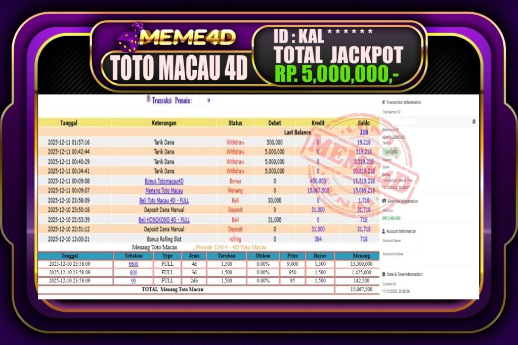 Bukti Jp MEME4D Togel Online 11Desember 2025