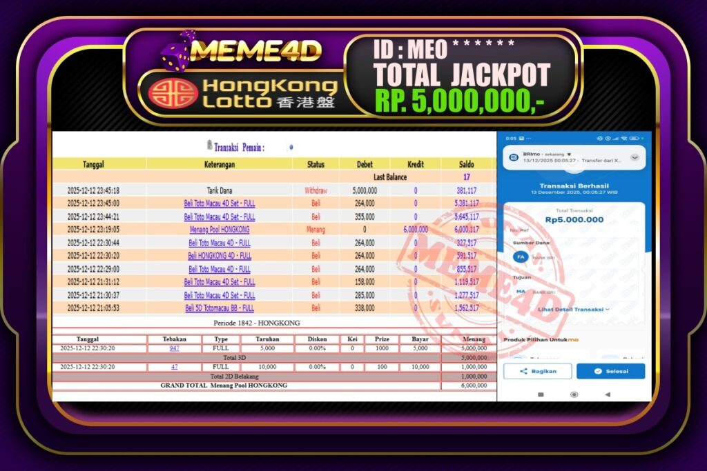 Bukti Jp MEME4D Togel Online 13 Desember 2025