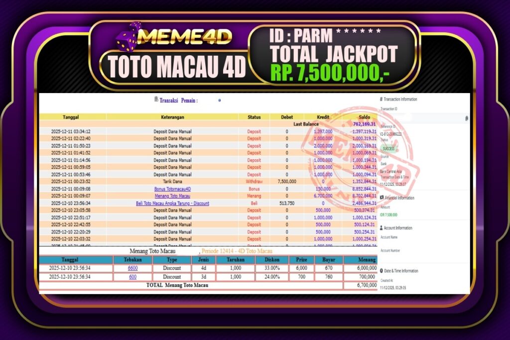 Bukti Jp MEME4D Togel Online 11Desember 2025