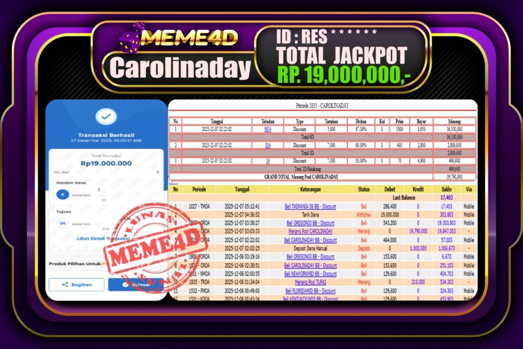 Bukti Jp MEME4D Togel Online 07 Desember 2025