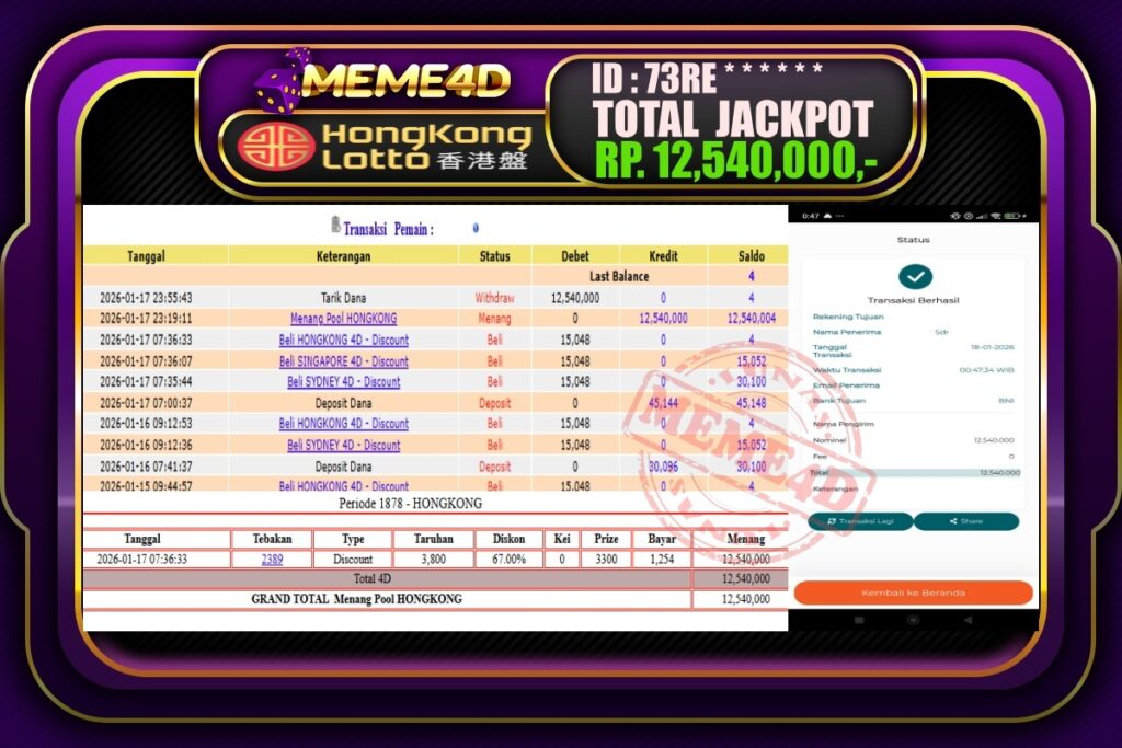 Bukti Jp MEME4D Togel Online 18 Januari 2026