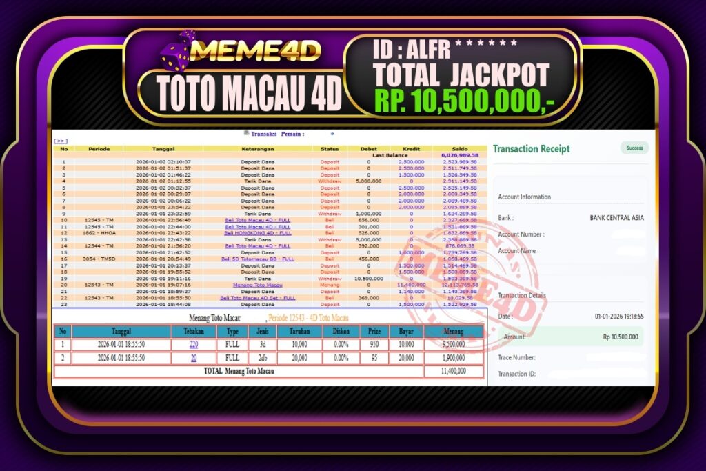 Bukti Jp MEME4D Togel Online 02 Januari 2026