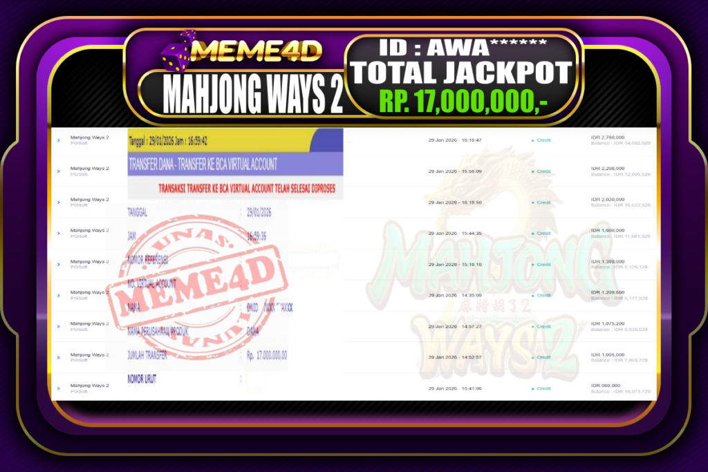 Bukti Jp MEME4D Slot Online 29 Januari 2026