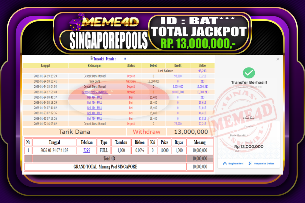 Bukti Jp MEME4D Togel Online 24 Januari 2026