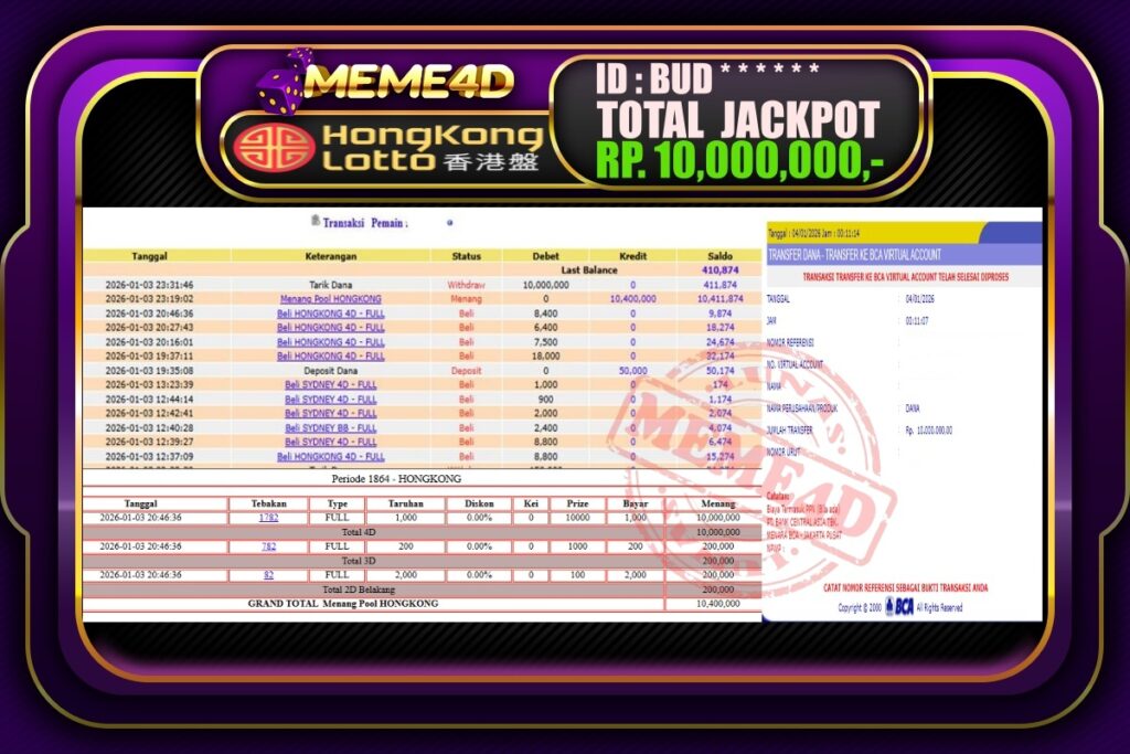 Bukti Jp MEME4D Togel Online 04 Januari 2026