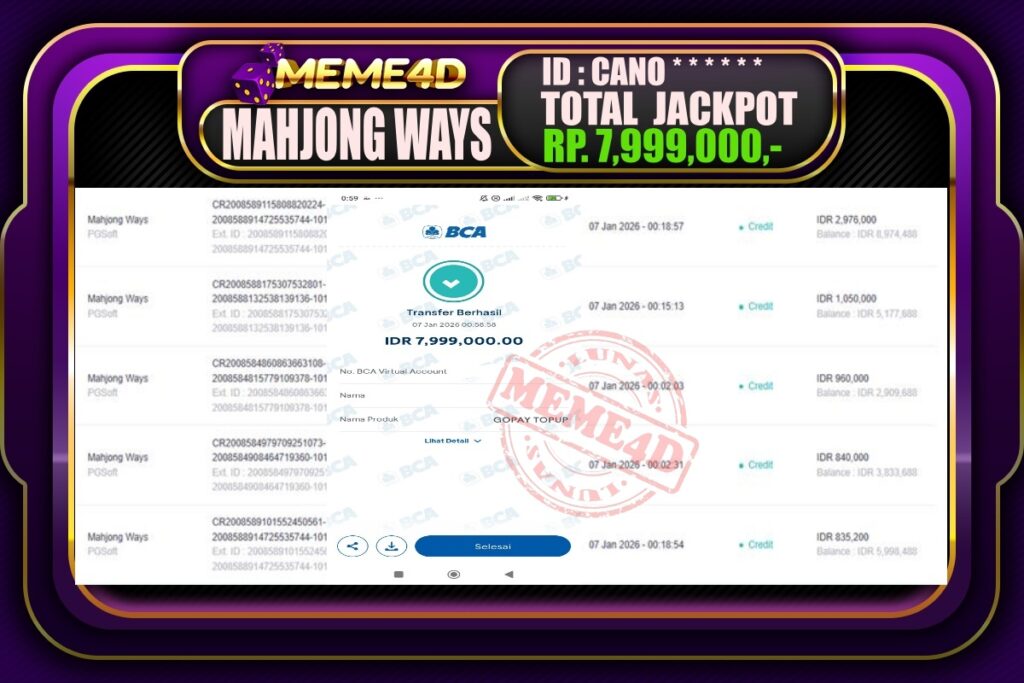 Bukti Jp MEME4D Slot Online 07 Januari 2026