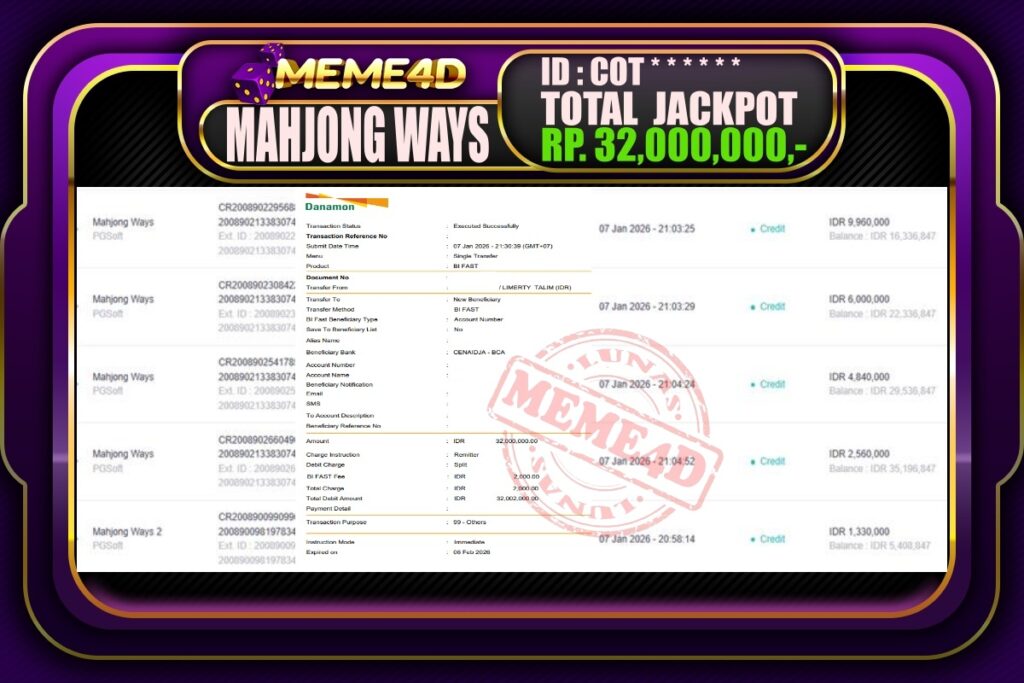 Bukti Jp MEME4D Slot Online 08 Januari 2026