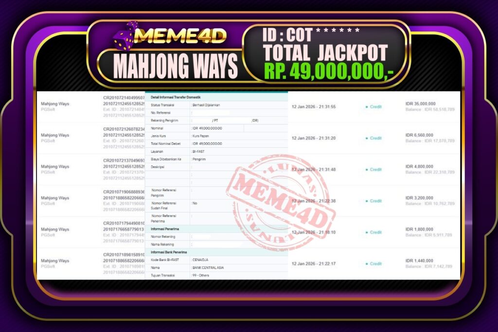 Bukti Jp MEME4D Slot Online 13 Januari 2026