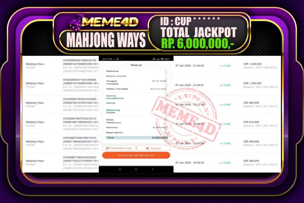 Bukti Jp MEME4D Slot Online 08 Januari 2026