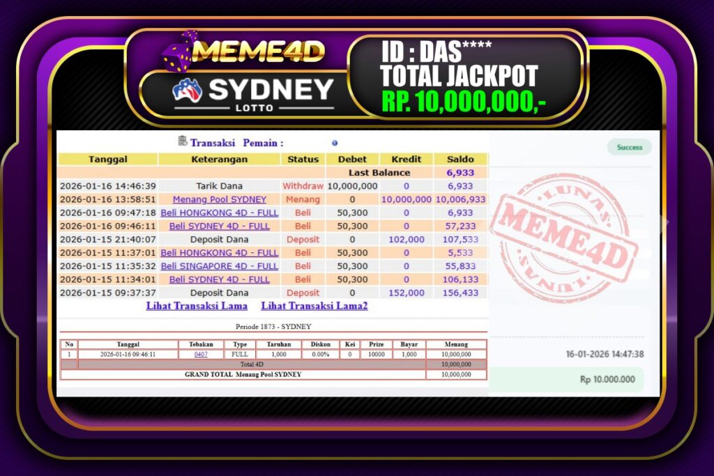 Bukti Jp MEME4D Togel Online 16 Januari 2026