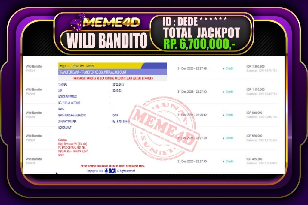 Bukti Jp MEME4D Slot Online 01 Januari 2026