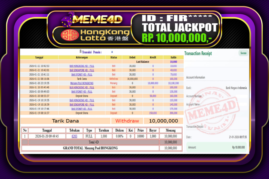 Bukti Jp MEME4D Togel Online 21 Januari 2026