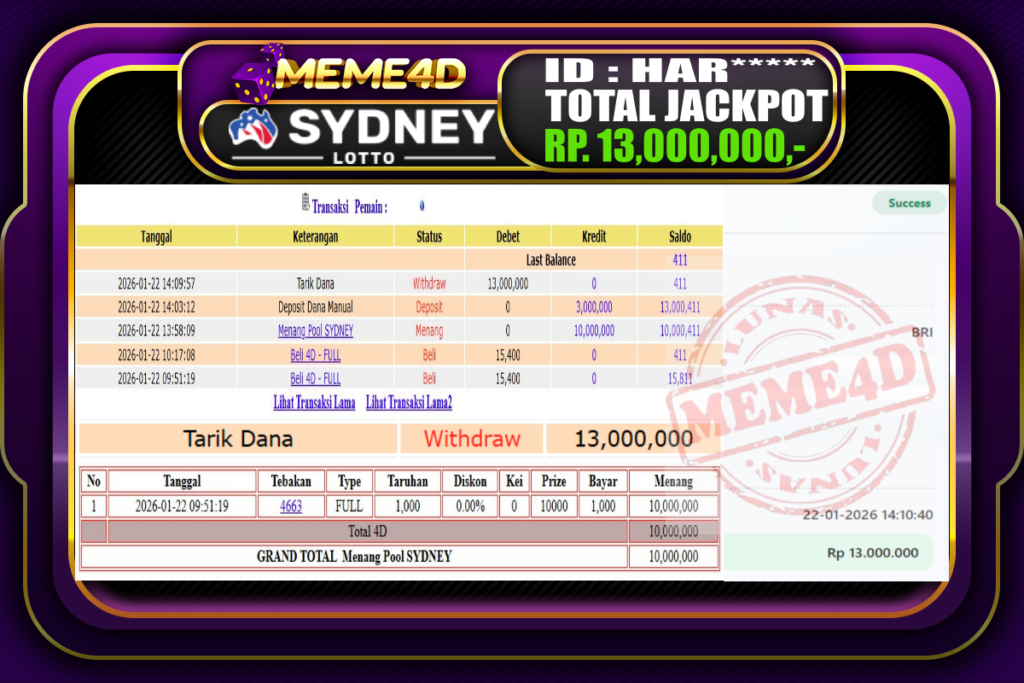 Bukti Jp MEME4D Togel Online 22 Januari 2026