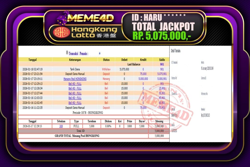 Bukti Jp MEME4D Togel Online 18 Januari 2026