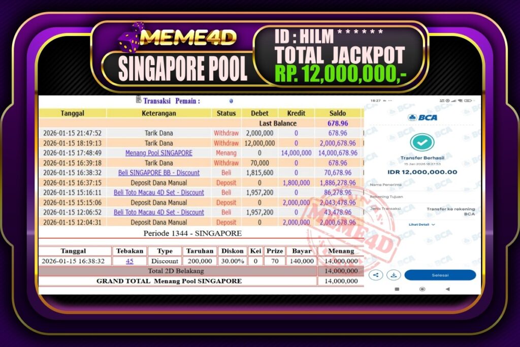 Bukti Jp MEME4D Togel Online 16 Januari 2026