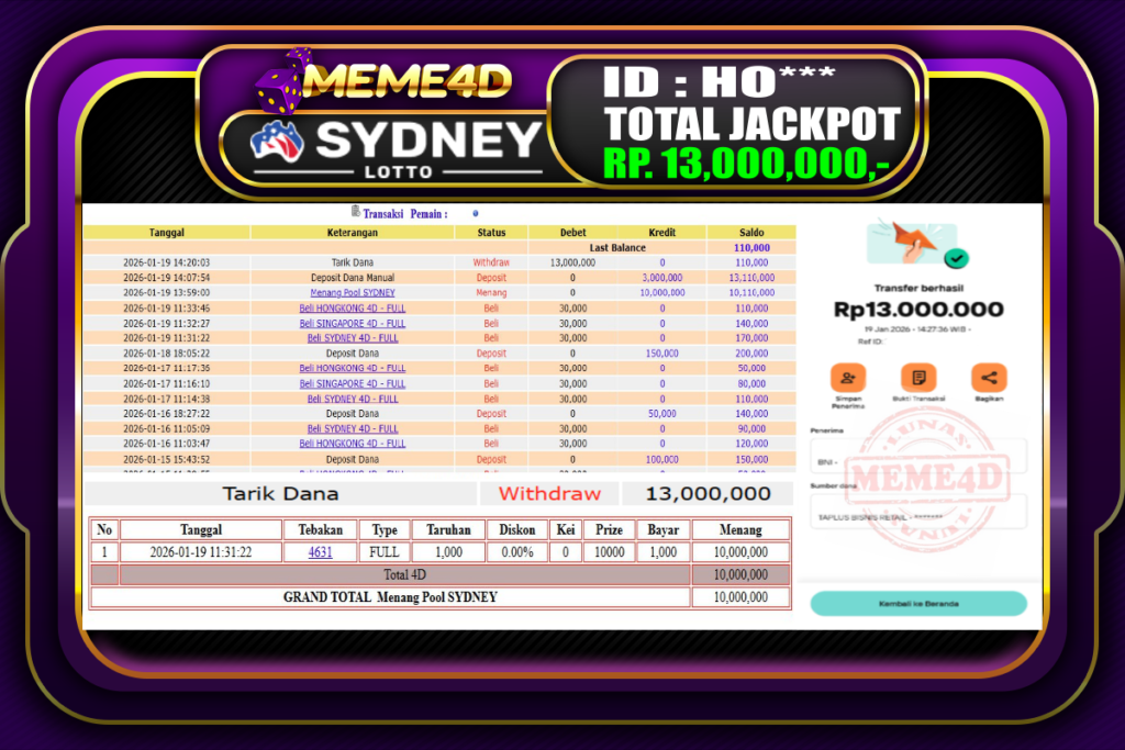 Bukti Jp MEME4D Togel Online 19 Januari 2026