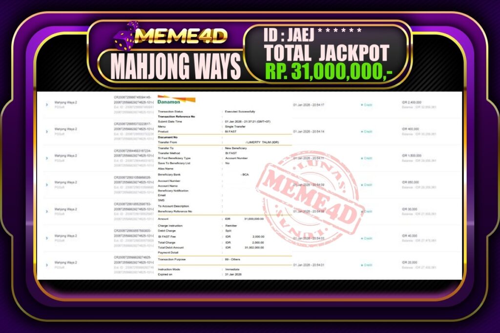 Bukti Jp MEME4D Slot Online 02 Januari 2026