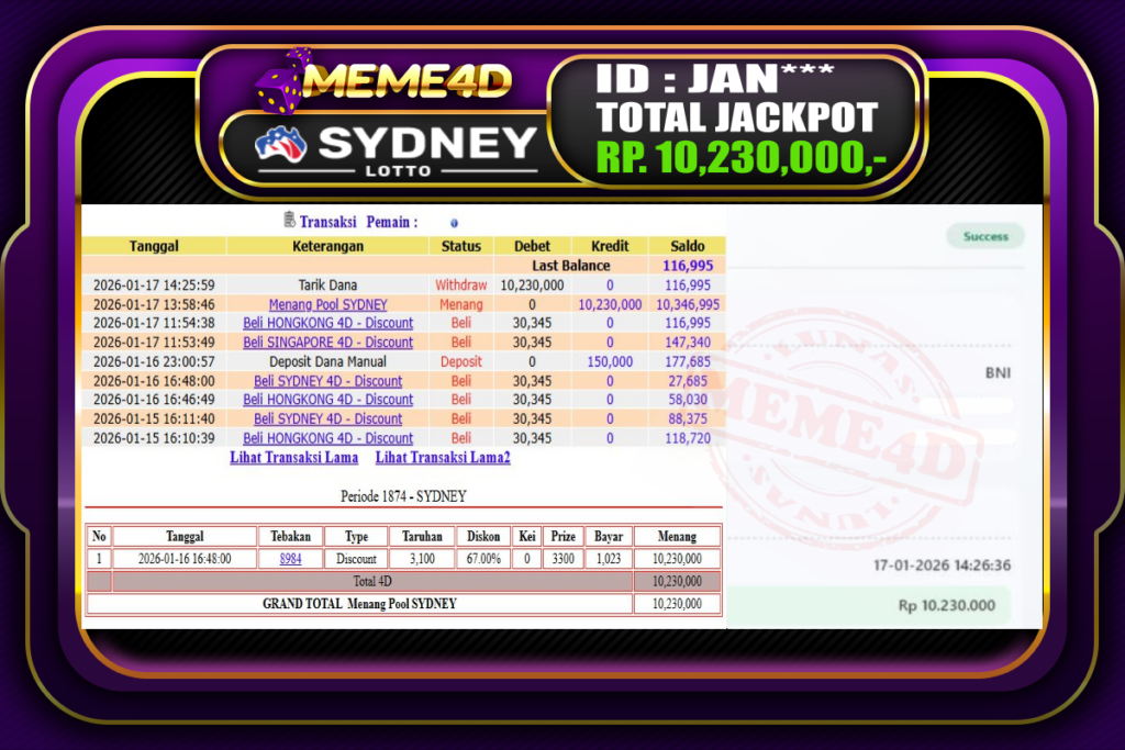 Bukti Jp MEME4D Togel Online 17 Januari 2026