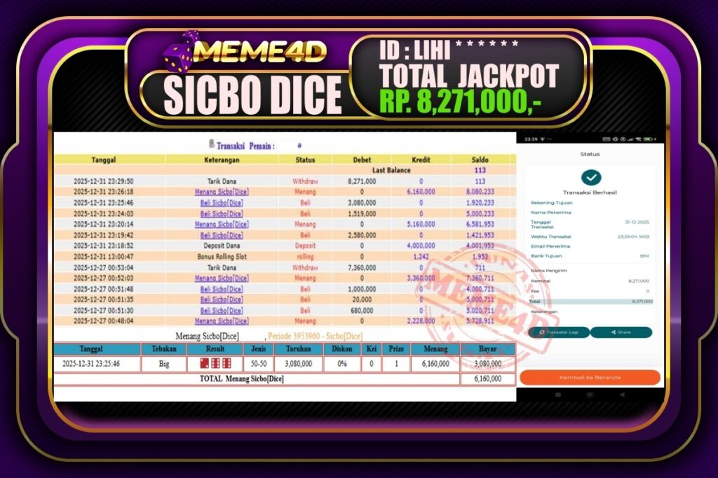 Bukti Jp MEME4D Casino Online 01 Januari 2026