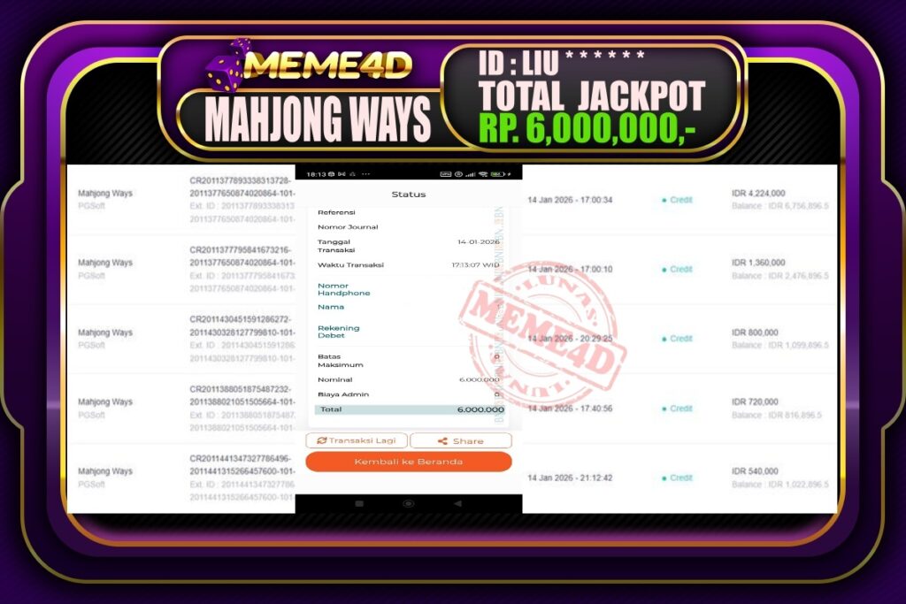 Bukti Jp MEME4D Slot Online 15 Januari 2026