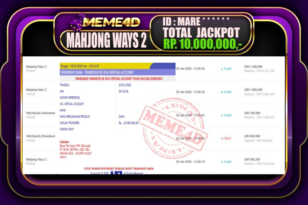 Bukti Jp MEME4D Slot Online 03 Januari 2026