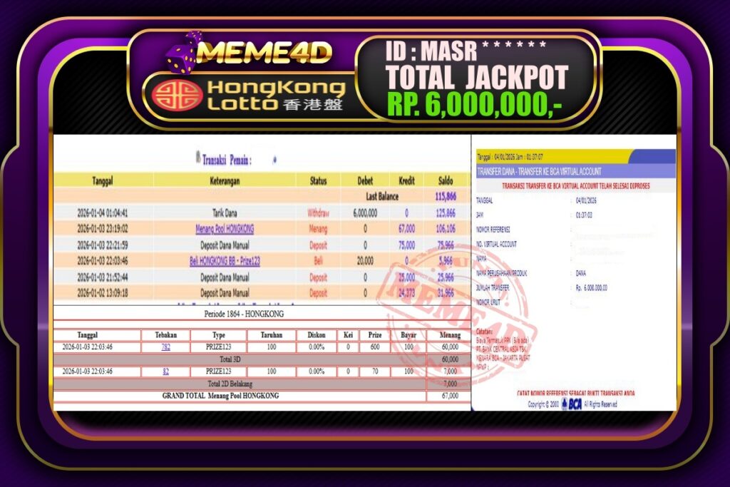 Bukti Jp MEME4D Togel Online 04 Januari 2026