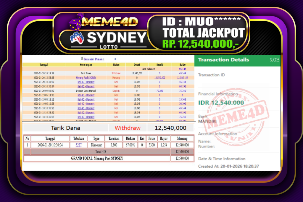 Bukti Jp MEME4D Togel Online 20 Januari 2026