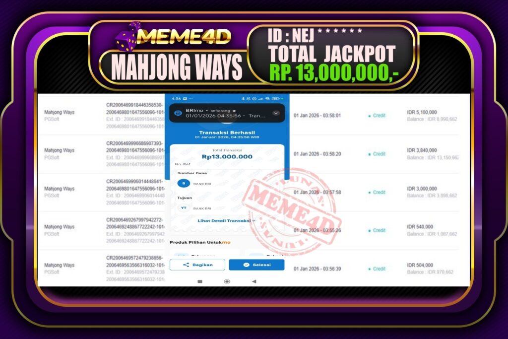 Bukti Jp MEME4D Slot Online 01 Januari 2026