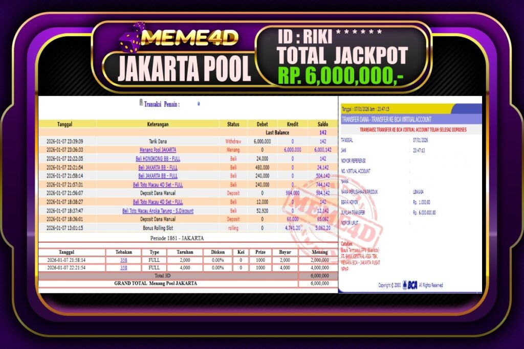 Bukti Jp MEME4D Togel Online 08 Januari 2026