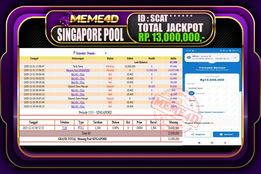 Bukti Jp MEME4D Togel Online 01 Januari 2026
