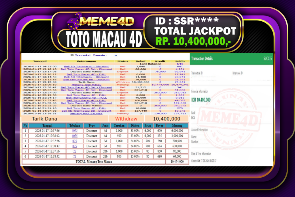 Bukti Jp MEME4D Togel Online 17 Januari 2026