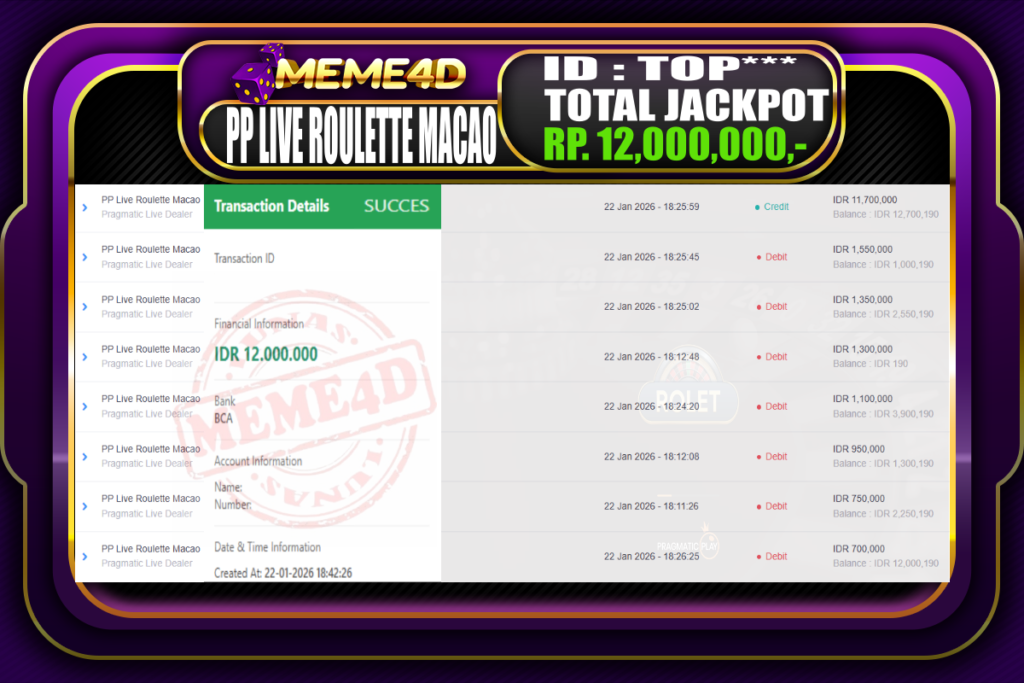 Bukti Jp MEME4D Casino Online 22 Januari 2026