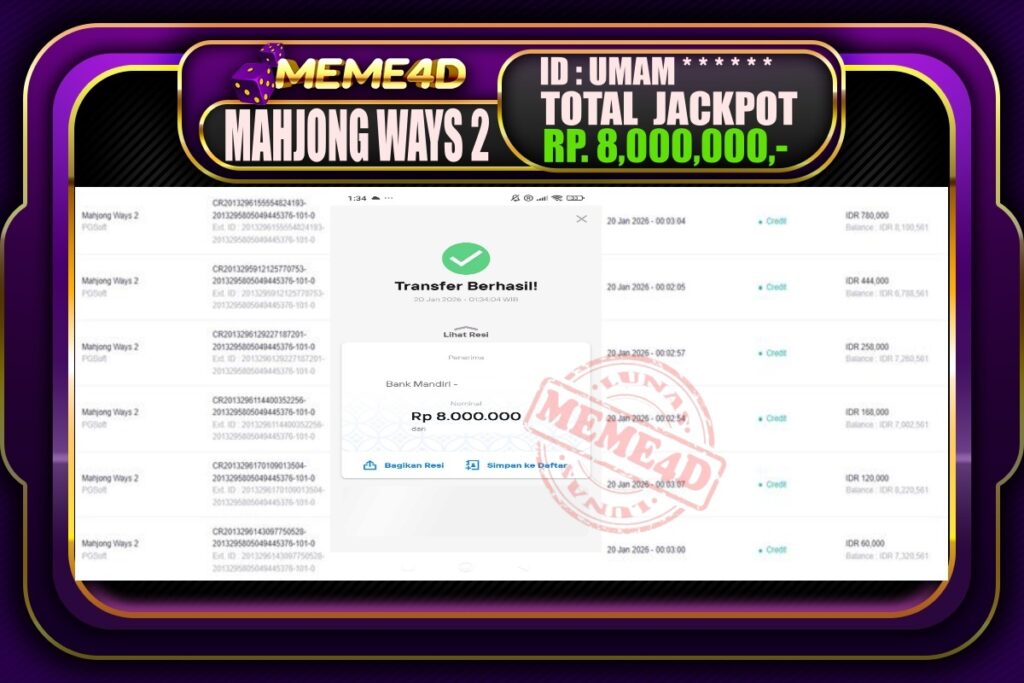 Bukti Jp MEME4D Slot Online 20 Januari 2026