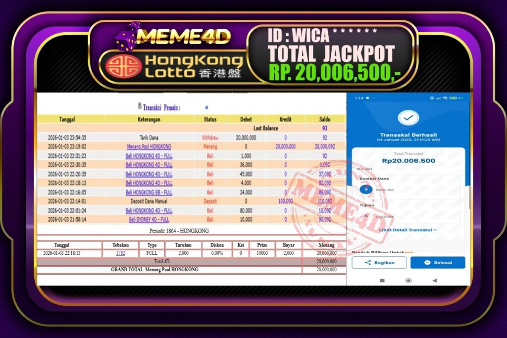 Bukti Jp MEME4D Togel Online 04 Januari 2026