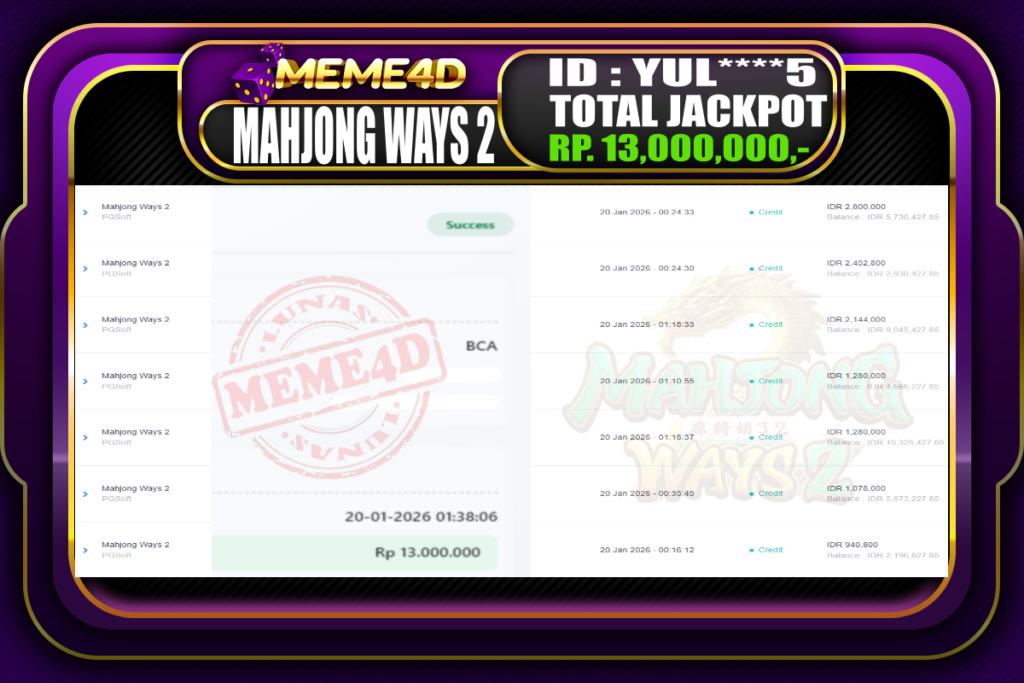 Bukti Jp MEME4D Slot Online 20 Januari 2026