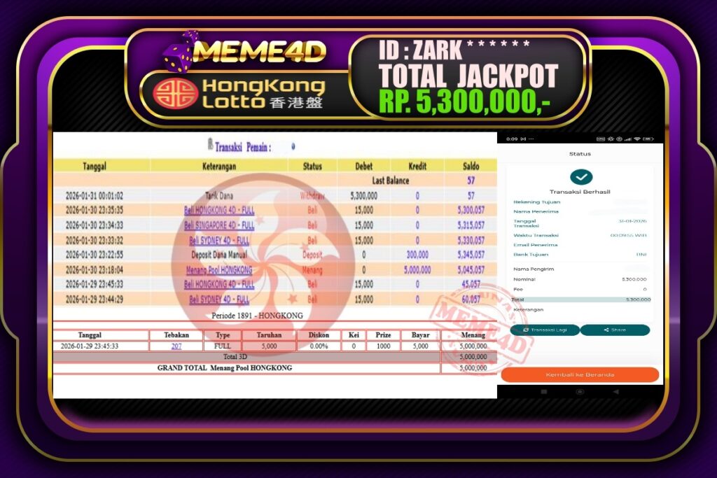 Bukti Jp MEME4D Togel Online 31 Januari 2026