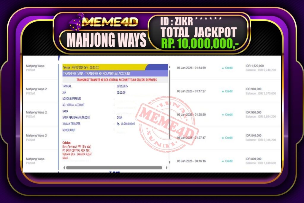 Bukti Jp MEME4D Slot Online 06 Januari 2026