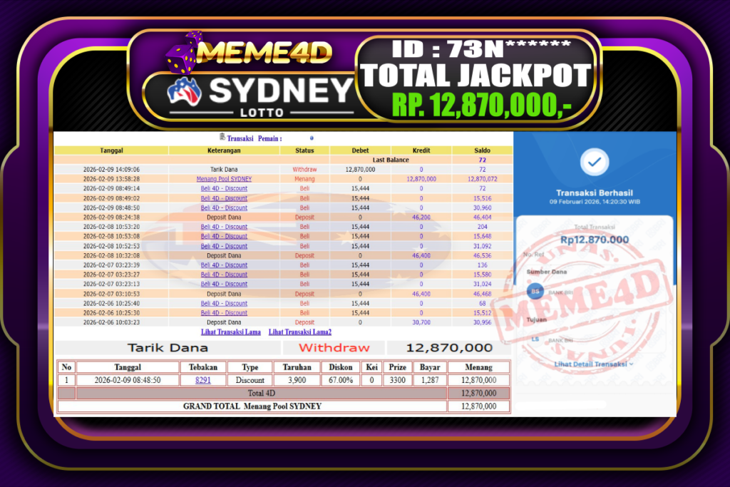 Bukti Jp MEME4D Togel Online 09 February 2026