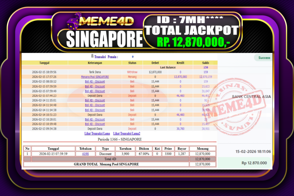 Bukti Jp MEME4D Togel Online 15 February 2026