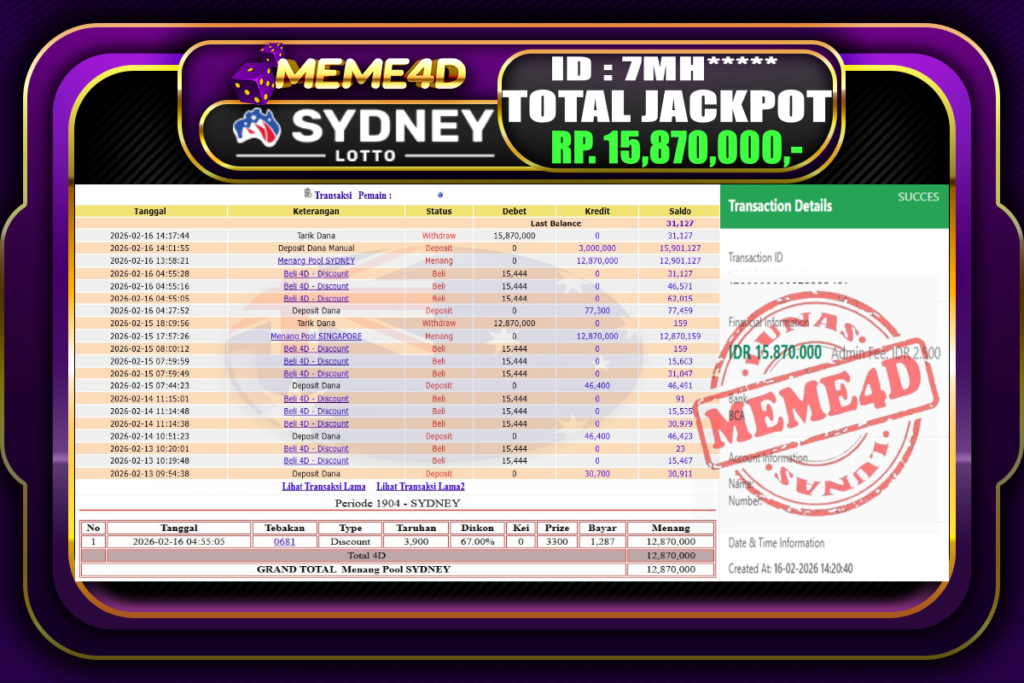 Bukti Jp MEME4D Togel Online 16 February 2026