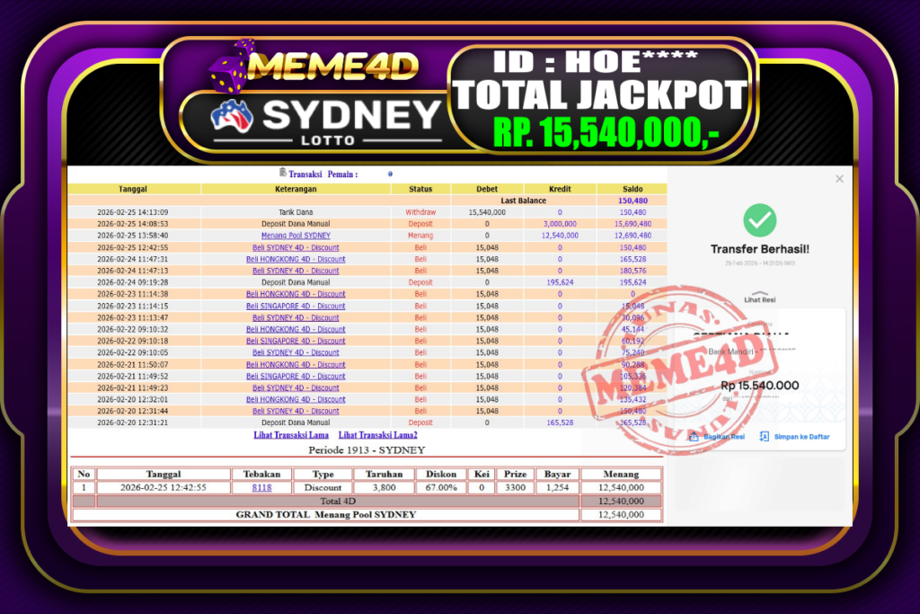 Bukti Jp MEME4D Togel Online 25 February 2026