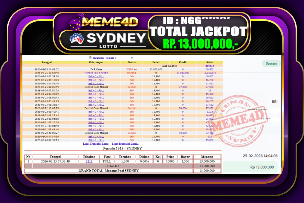 Bukti Jp MEME4D Togel Online 25 February 2026