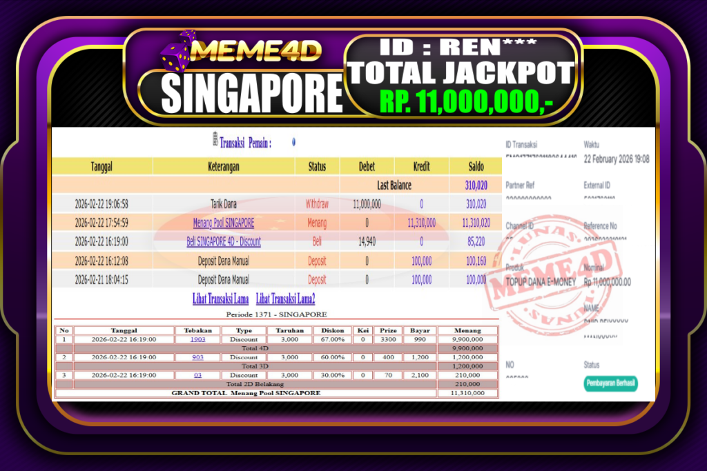 Bukti Jp MEME4D Togel Online 22 February 2026