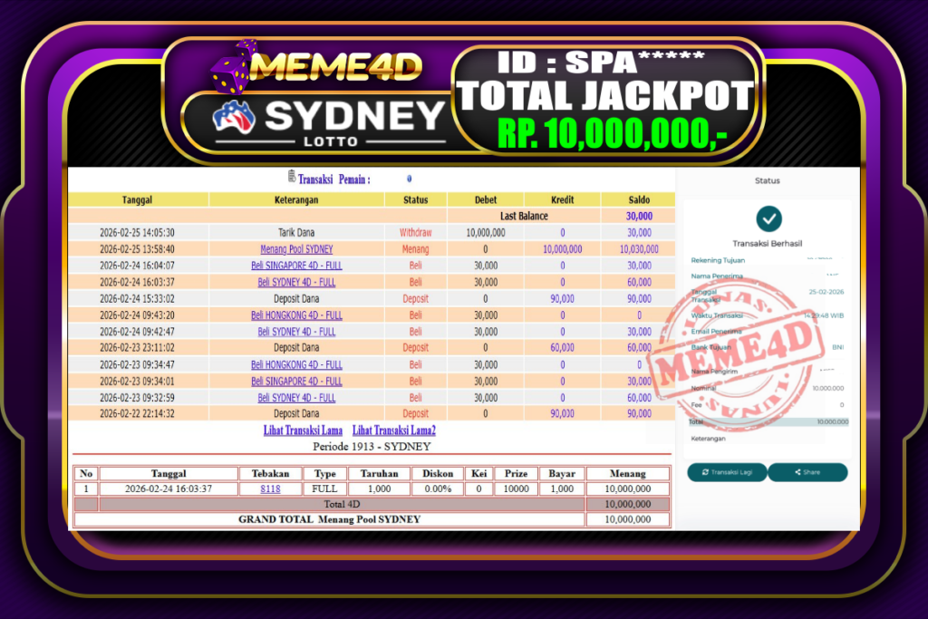 Bukti Jp MEME4D Togel Online 25 February 2026