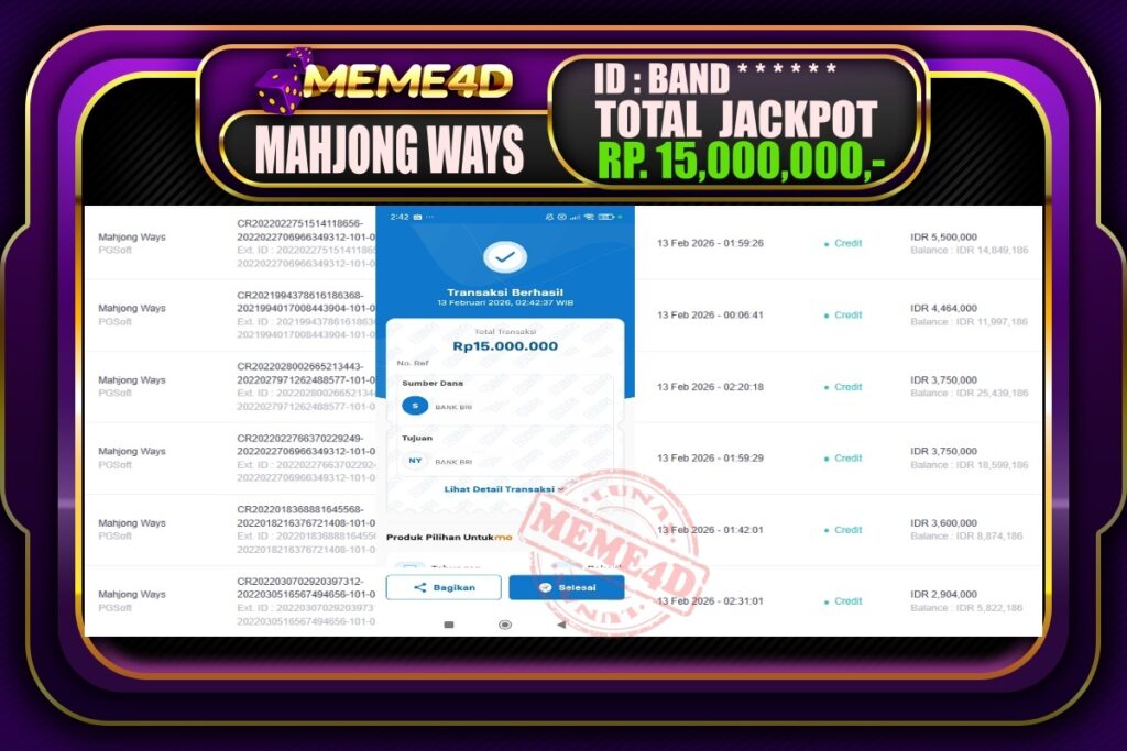 Bukti Jp MEME4D Slot Online 13 February 2026