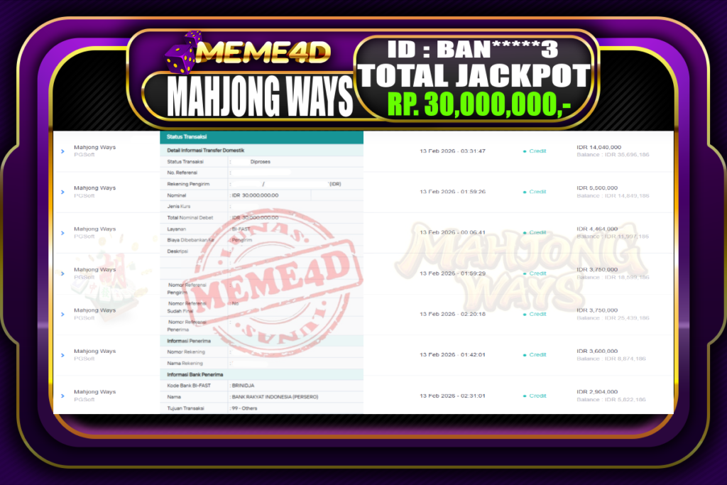 Bukti Jp MEME4D Slot Online 13 February 2026