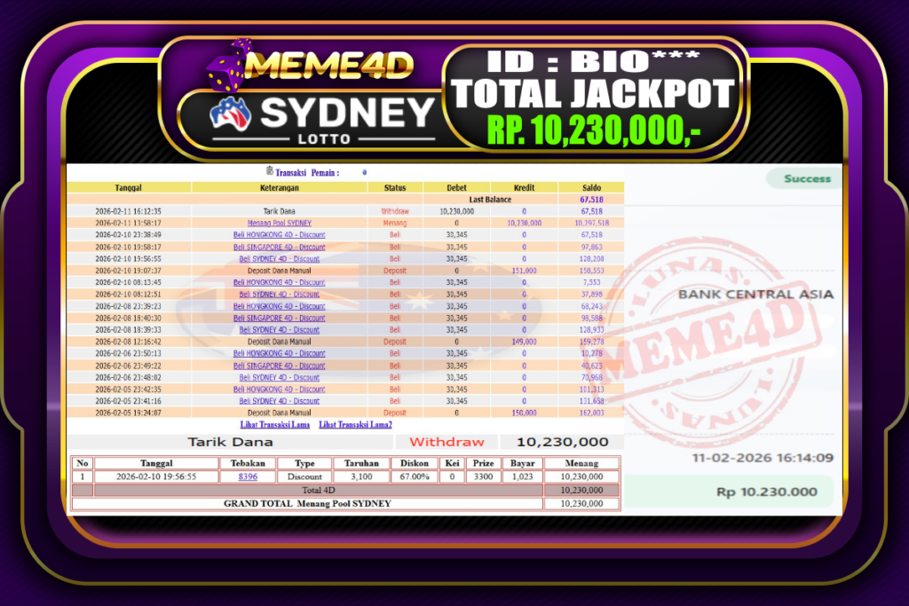 Bukti Jp MEME4D Togel Online 11 February 2026