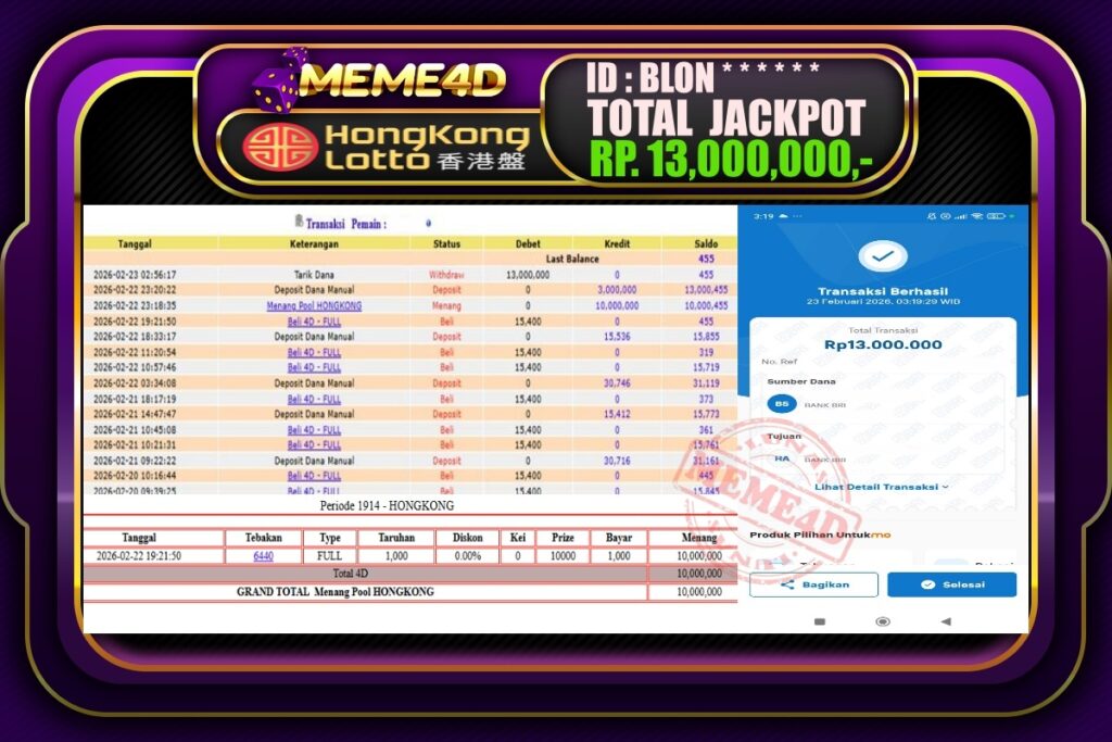 Bukti Jp MEME4D Togel Online 23 February 2026