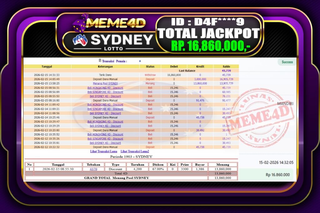 Bukti Jp MEME4D Togel Online 15 February 2026